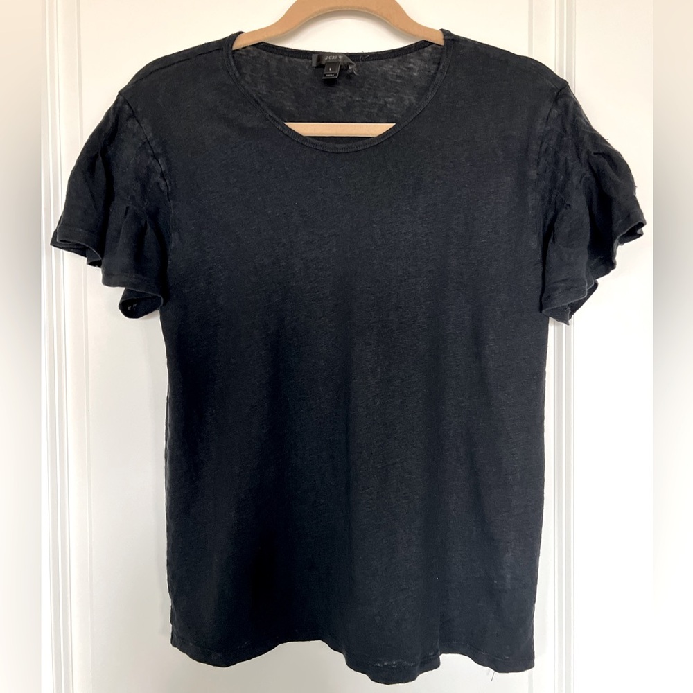 J Crew black 100% linen ruffle sleeved tee SZ L